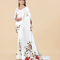 White Chinon Floral Foil Print Elegant Saree