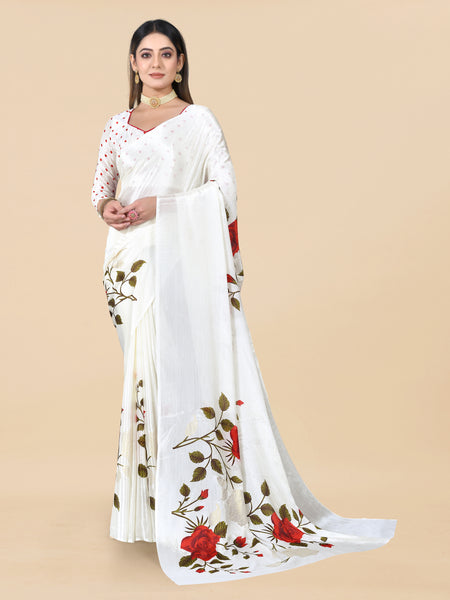 White Chinon Floral Foil Print Elegant Saree