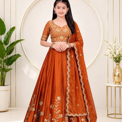 Girls Lehenga Choli Ethnic Wear, Party Wear, Western Wear Embroidered Lehenga(Orange)