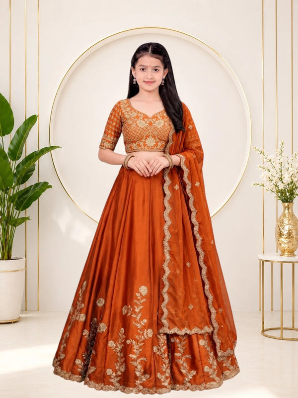 Girls Lehenga Choli Ethnic Wear, Party Wear, Western Wear Embroidered Lehenga(Orange)
