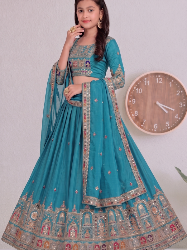 Embroidered Party Wear Semi-Stitched  Lehenga Choli Set (Teal)