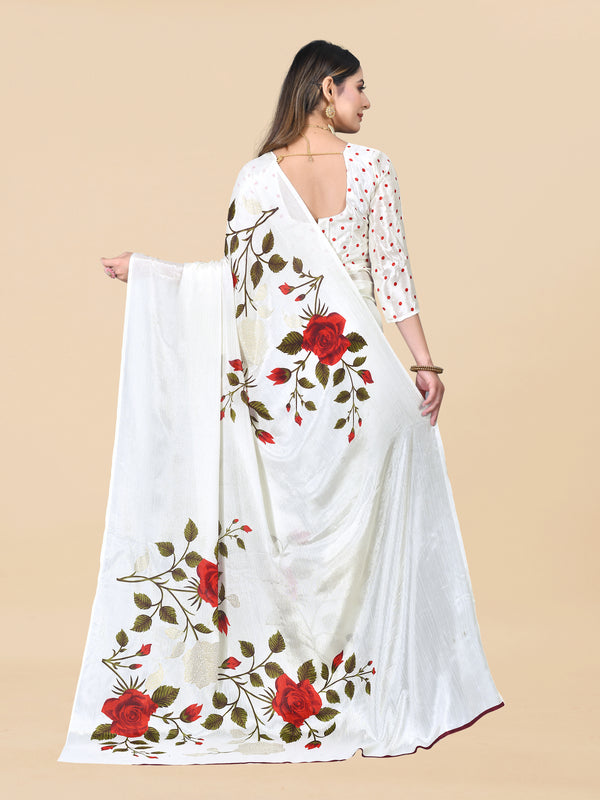 White Chinon Floral Foil Print Elegant Saree
