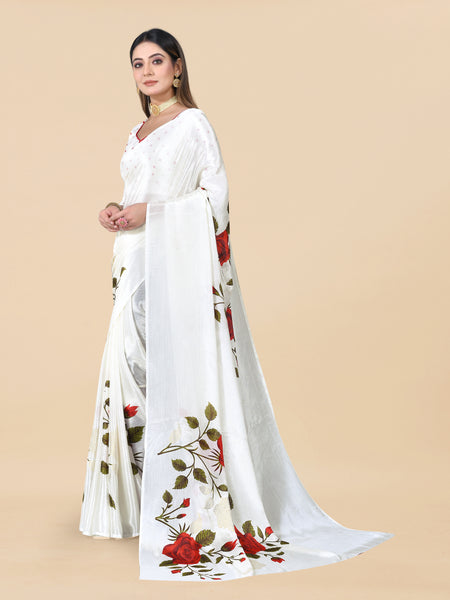 White Chinon Floral Foil Print Elegant Saree