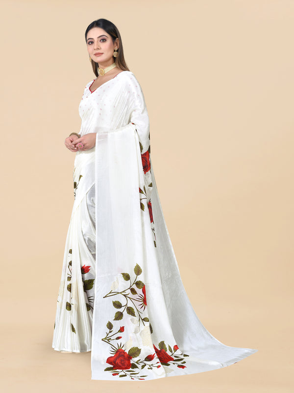 White Chinon Floral Foil Print Elegant Saree