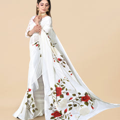 White Chinon Floral Foil Print Elegant Saree