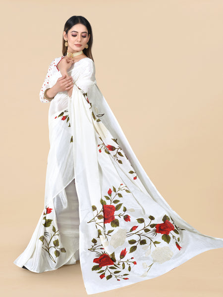 White Chinon Floral Foil Print Elegant Saree