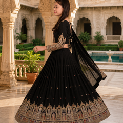 Embroidered Party Wear Semi-Stitched  Lehenga Choli Set (Black)