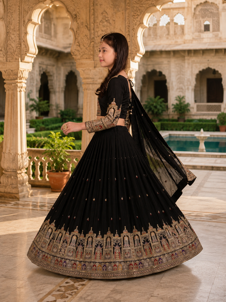 Embroidered Party Wear Semi-Stitched  Lehenga Choli Set (Black)