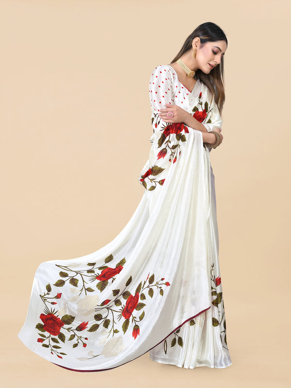 White Chinon Floral Foil Print Elegant Saree