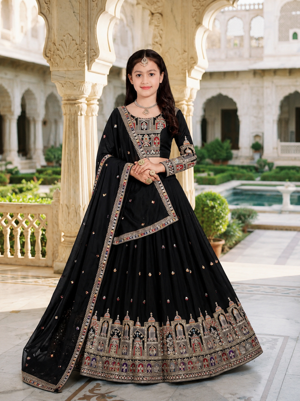 Embroidered Party Wear Semi-Stitched  Lehenga Choli Set (Black)