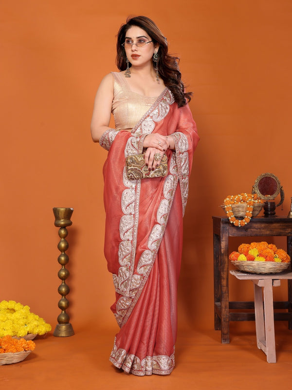 Orange Sitara Gota Patti Embroidered Designer Saree