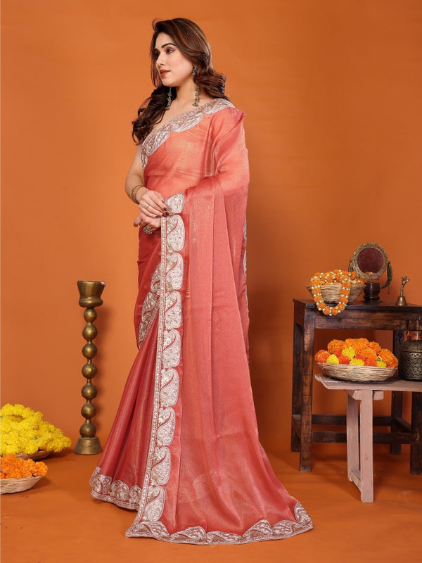 Orange Sitara Gota Patti Embroidered Designer Saree