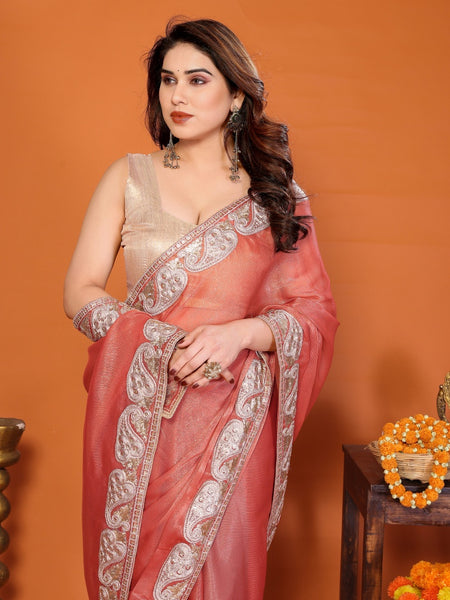 Orange Sitara Gota Patti Embroidered Designer Saree