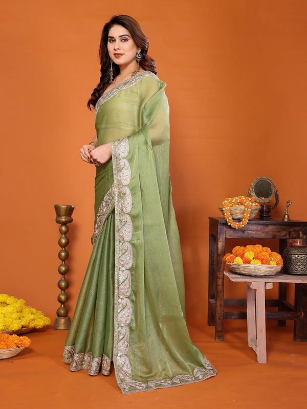 Pista Green Sitara Embroidered Designer Party Saree