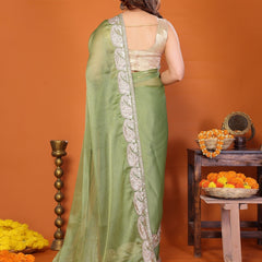 Pista Green Sitara Embroidered Designer Party Saree
