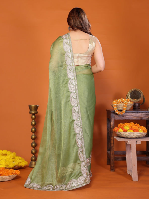 Pista Green Sitara Embroidered Designer Party Saree