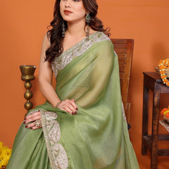 Pista Green Sitara Embroidered Designer Party Saree