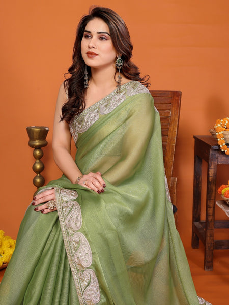 Pista Green Sitara Embroidered Designer Party Saree