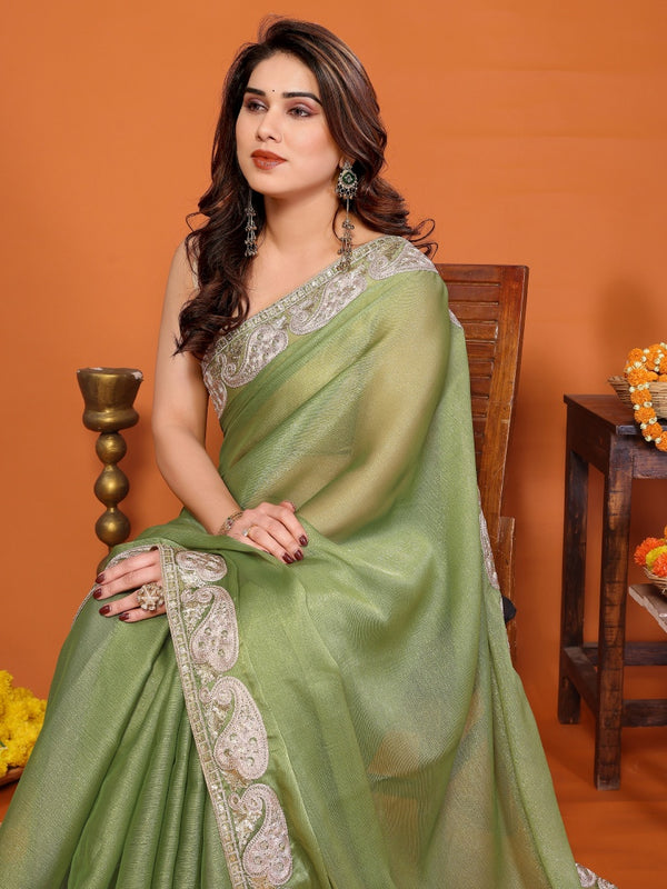 Pista Green Sitara Embroidered Designer Party Saree