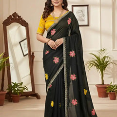 Black Georgette Floral Embroidered Mirror Work Saree