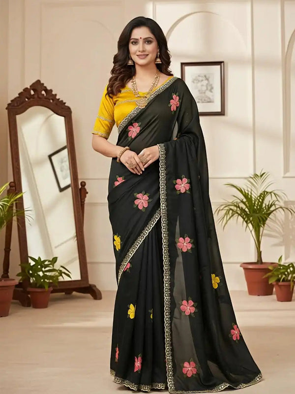 Black Georgette Floral Embroidered Mirror Work Saree