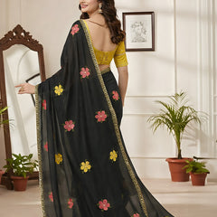 Black Georgette Floral Embroidered Mirror Work Saree