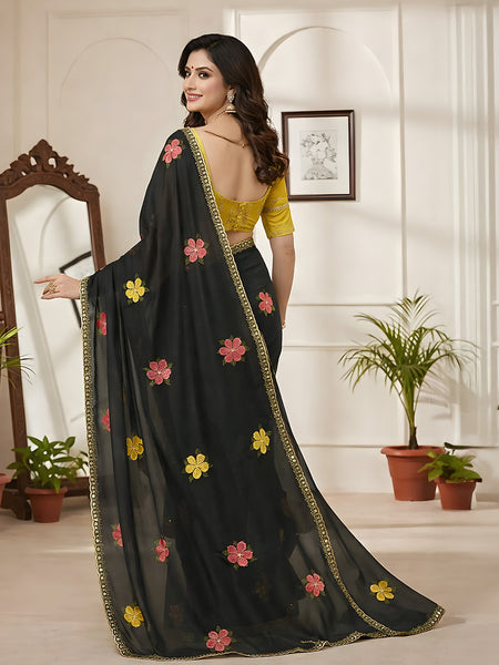 Black Georgette Floral Embroidered Mirror Work Saree