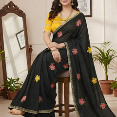 Black Georgette Floral Embroidered Mirror Work Saree