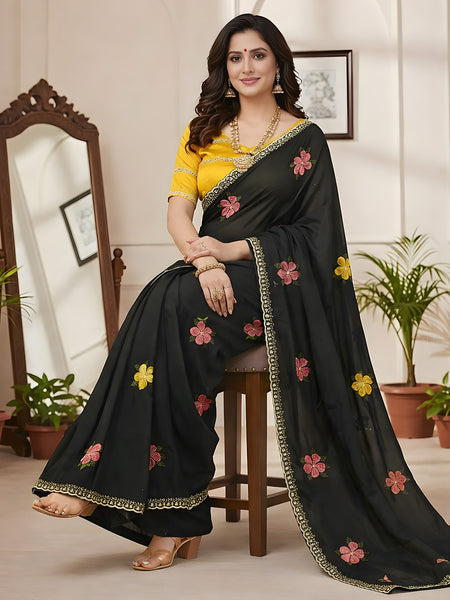 Black Georgette Floral Embroidered Mirror Work Saree