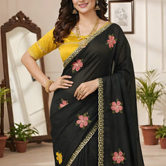 Black Georgette Floral Embroidered Mirror Work Saree
