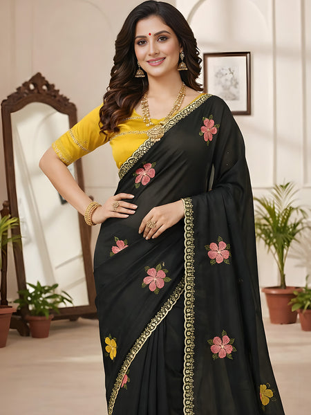 Black Georgette Floral Embroidered Mirror Work Saree
