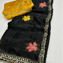 Black Georgette Floral Embroidered Mirror Work Saree