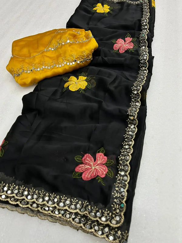 Black Georgette Floral Embroidered Mirror Work Saree