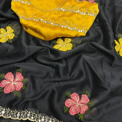 Black Georgette Floral Embroidered Mirror Work Saree