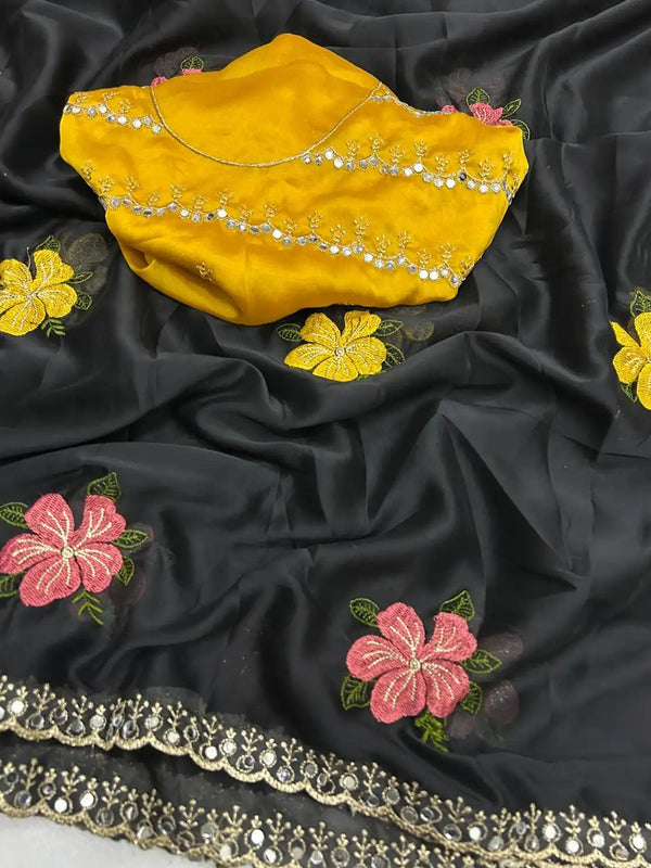 Black Georgette Floral Embroidered Mirror Work Saree