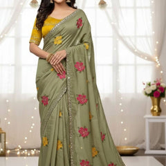 Mehendi Green Georgette Floral Mirror Work Saree