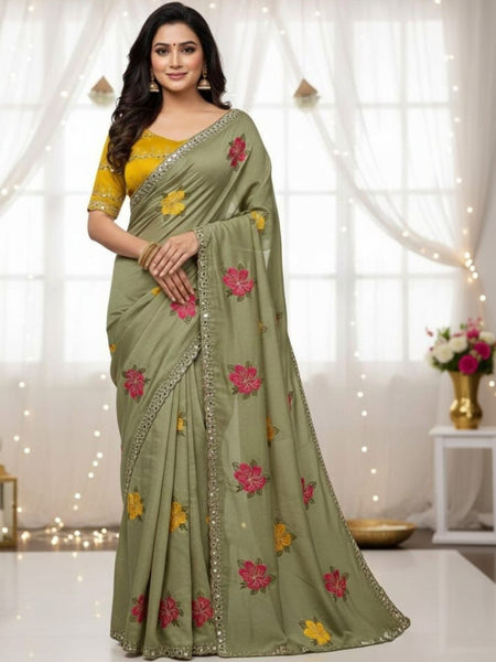 Mehendi Green Georgette Floral Mirror Work Saree