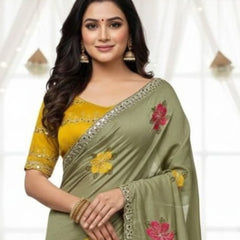 Mehendi Green Georgette Floral Mirror Work Saree