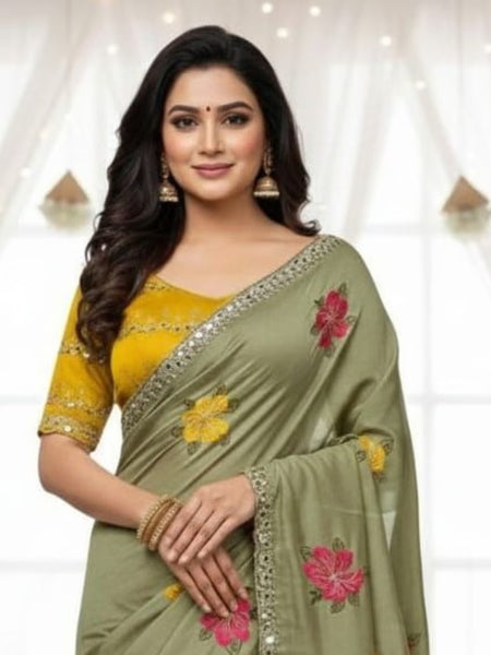 Mehendi Green Georgette Floral Mirror Work Saree