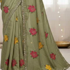 Mehendi Green Georgette Floral Mirror Work Saree