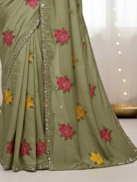 Mehendi Green Georgette Floral Mirror Work Saree