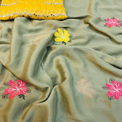 Mehendi Green Georgette Floral Mirror Work Saree