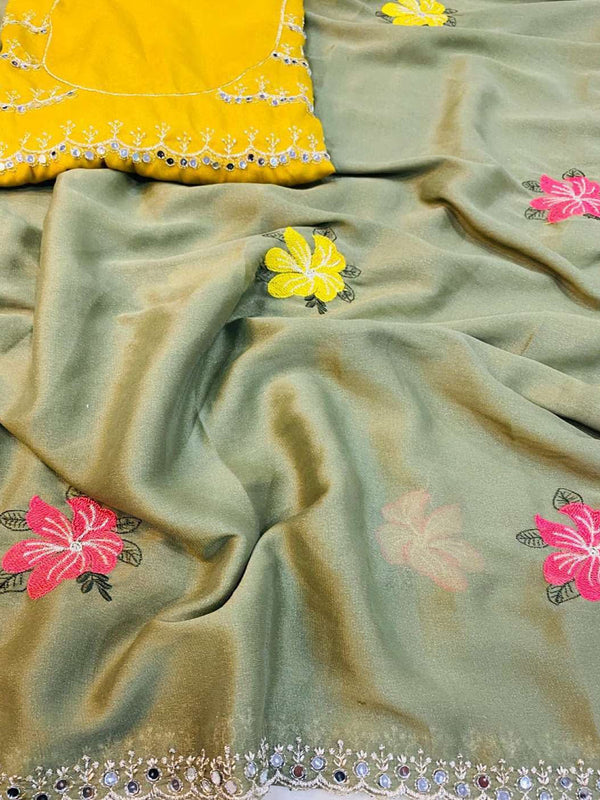 Mehendi Green Georgette Floral Mirror Work Saree