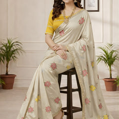 Off White Georgette Floral Mirror Work Saree