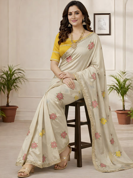 Off White Georgette Floral Mirror Work Saree