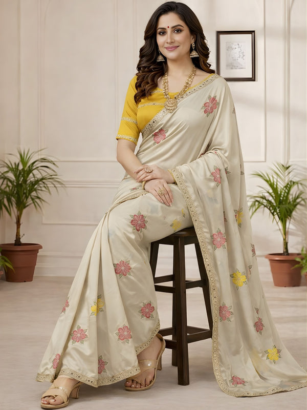 Off White Georgette Floral Mirror Work Saree
