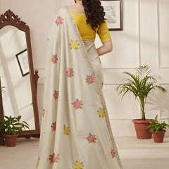 Off White Georgette Floral Mirror Work Saree