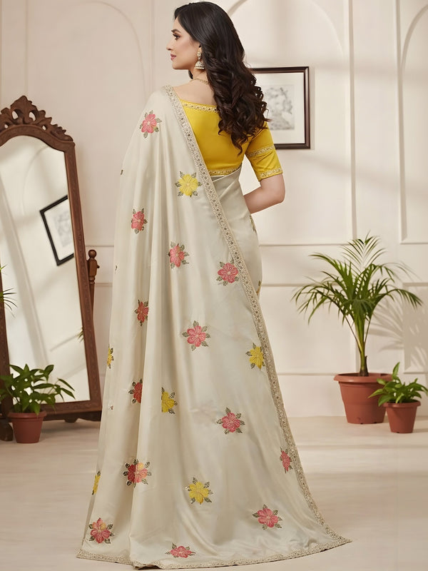 Off White Georgette Floral Mirror Work Saree