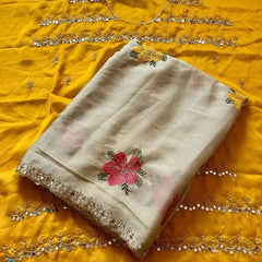 Off White Georgette Floral Mirror Work Saree