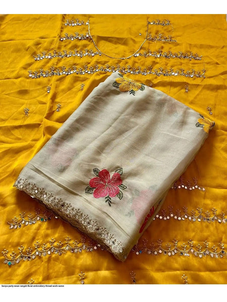 Off White Georgette Floral Mirror Work Saree